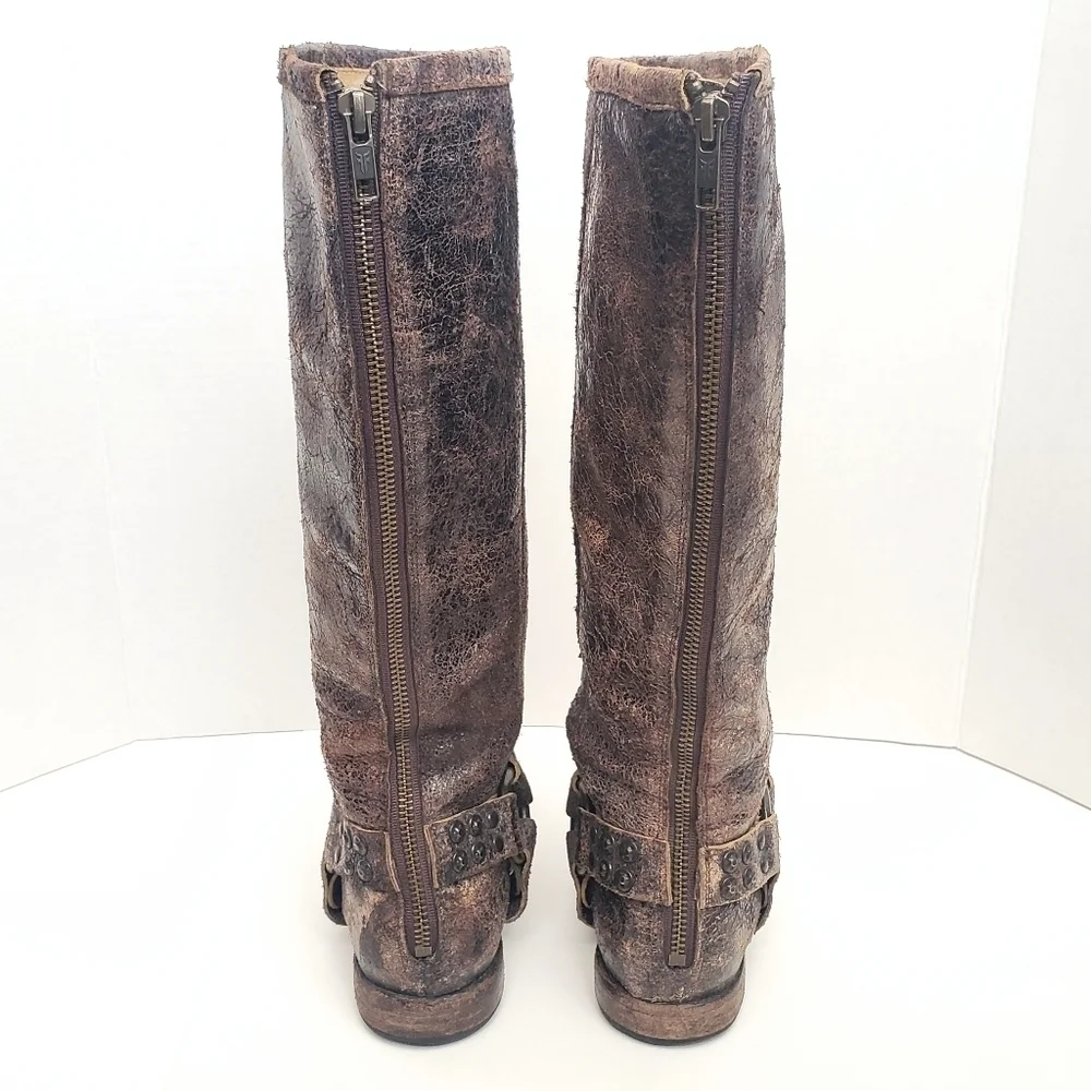 Frye Phillip Studded Harness Tall Riding Boots Brown Distressed Leather Size 5.5